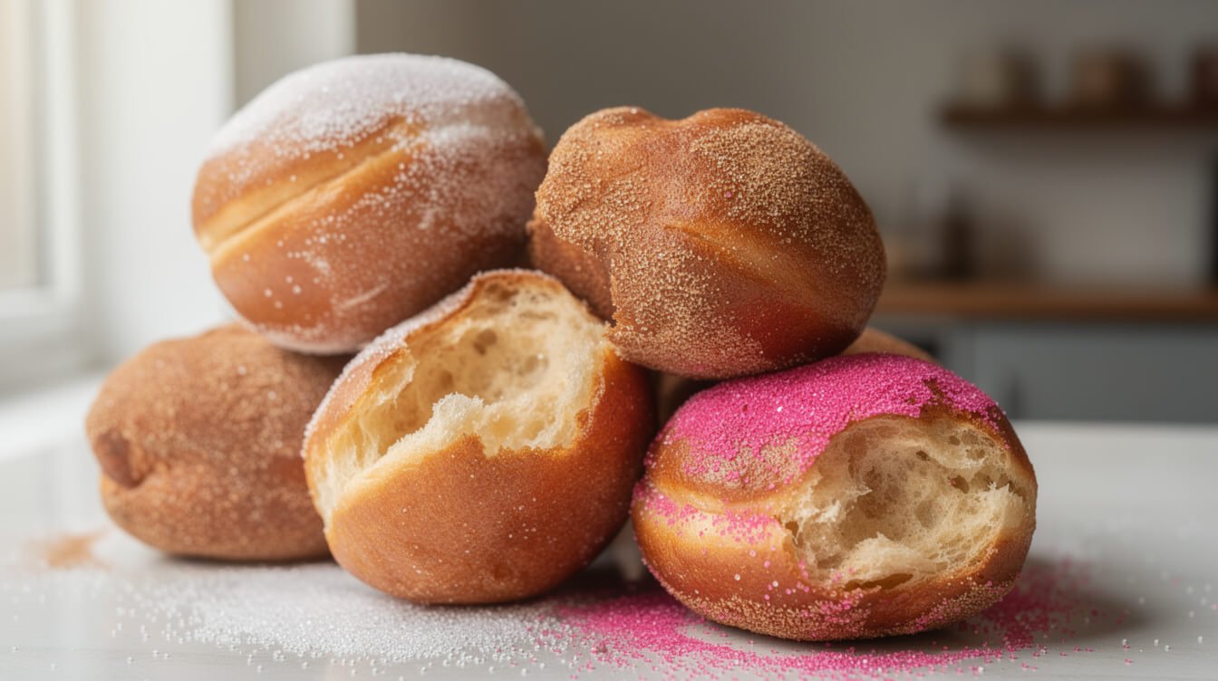 malasadas coated in different colored sugars on a Kaimuki bakery counter