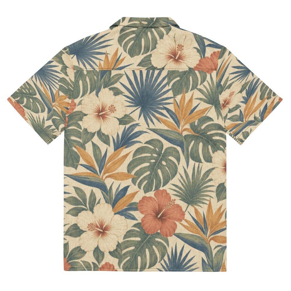Vintage Tropical Hibiscus Monstera Hawaiian Shirt — back view
