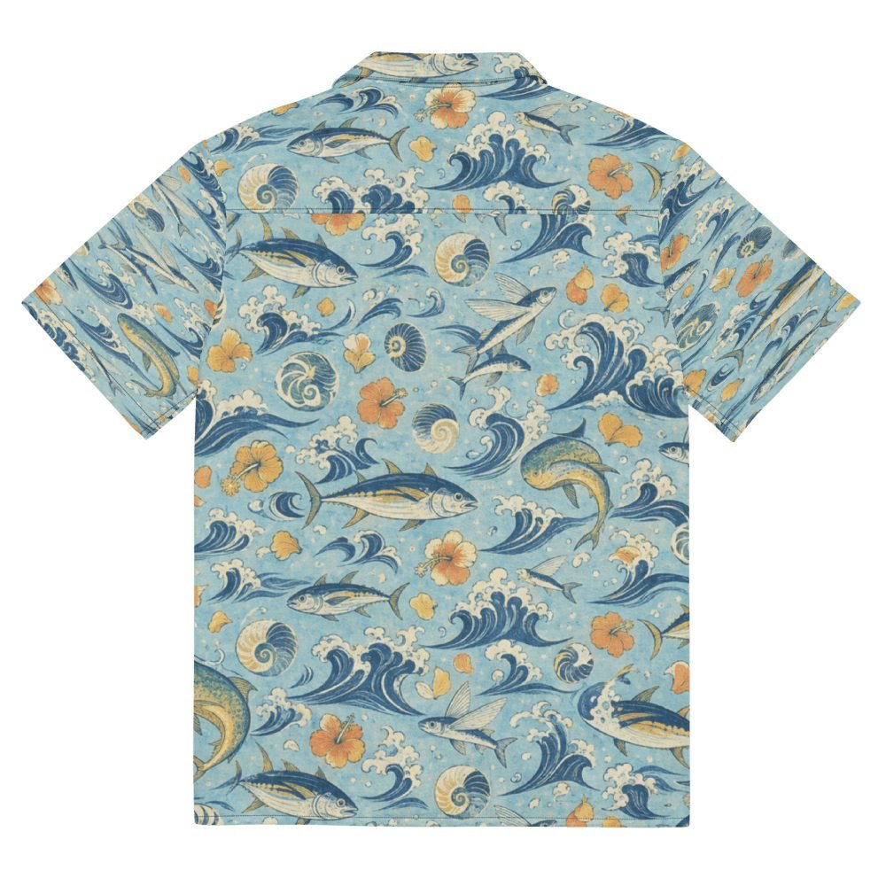 Yellowfin Tuna Mahi Mahi Japanese Woodblock Hawaiian Shirt — back view