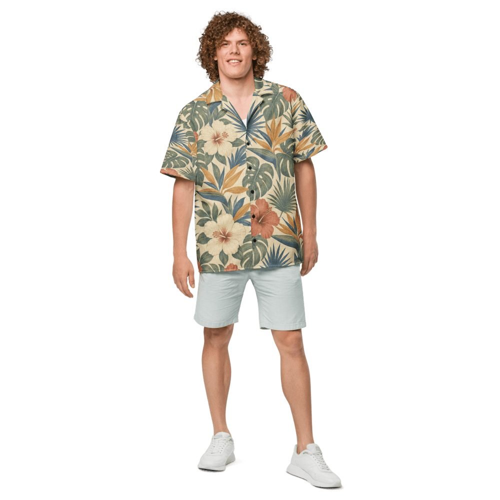 Vintage Tropical Hibiscus Monstera Hawaiian Shirt — front view