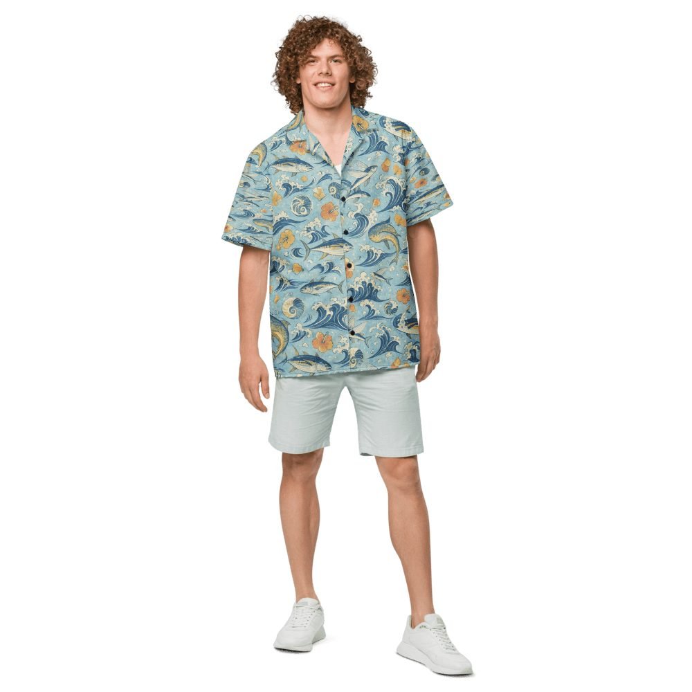 Yellowfin Tuna Mahi Mahi Japanese Woodblock Hawaiian Shirt — front view