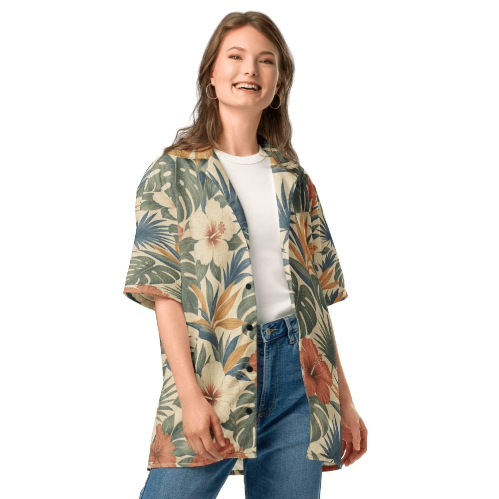Vintage Tropical Hibiscus Monstera Hawaiian Shirt — front view