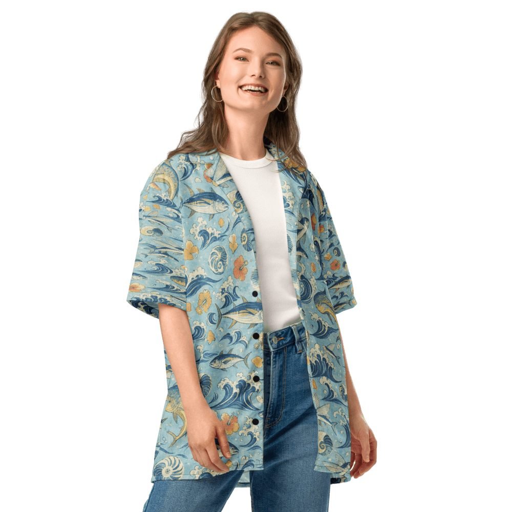 Yellowfin Tuna Mahi Mahi Japanese Woodblock Hawaiian Shirt — front view
