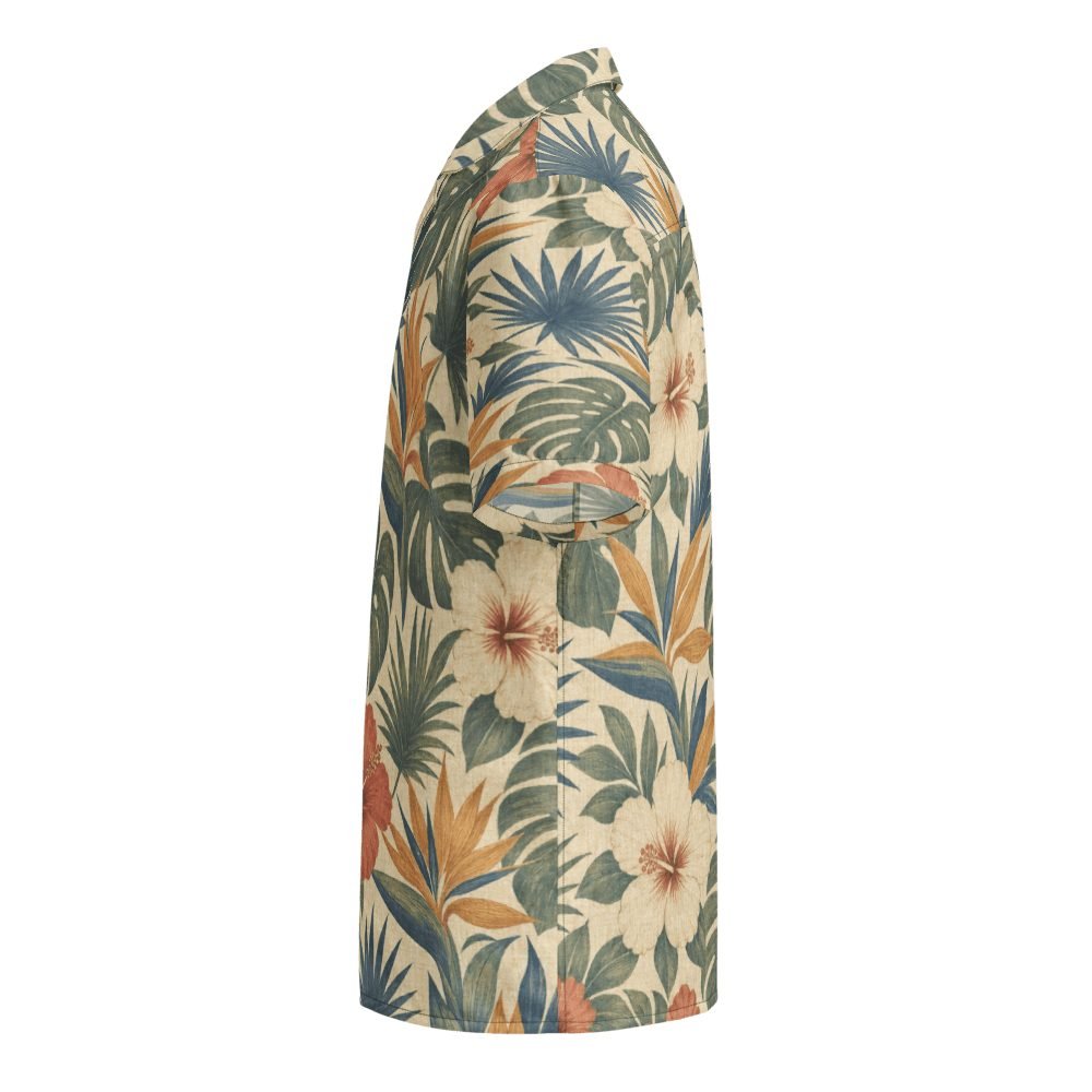 Vintage Tropical Hibiscus Monstera Hawaiian Shirt — left sleeve view