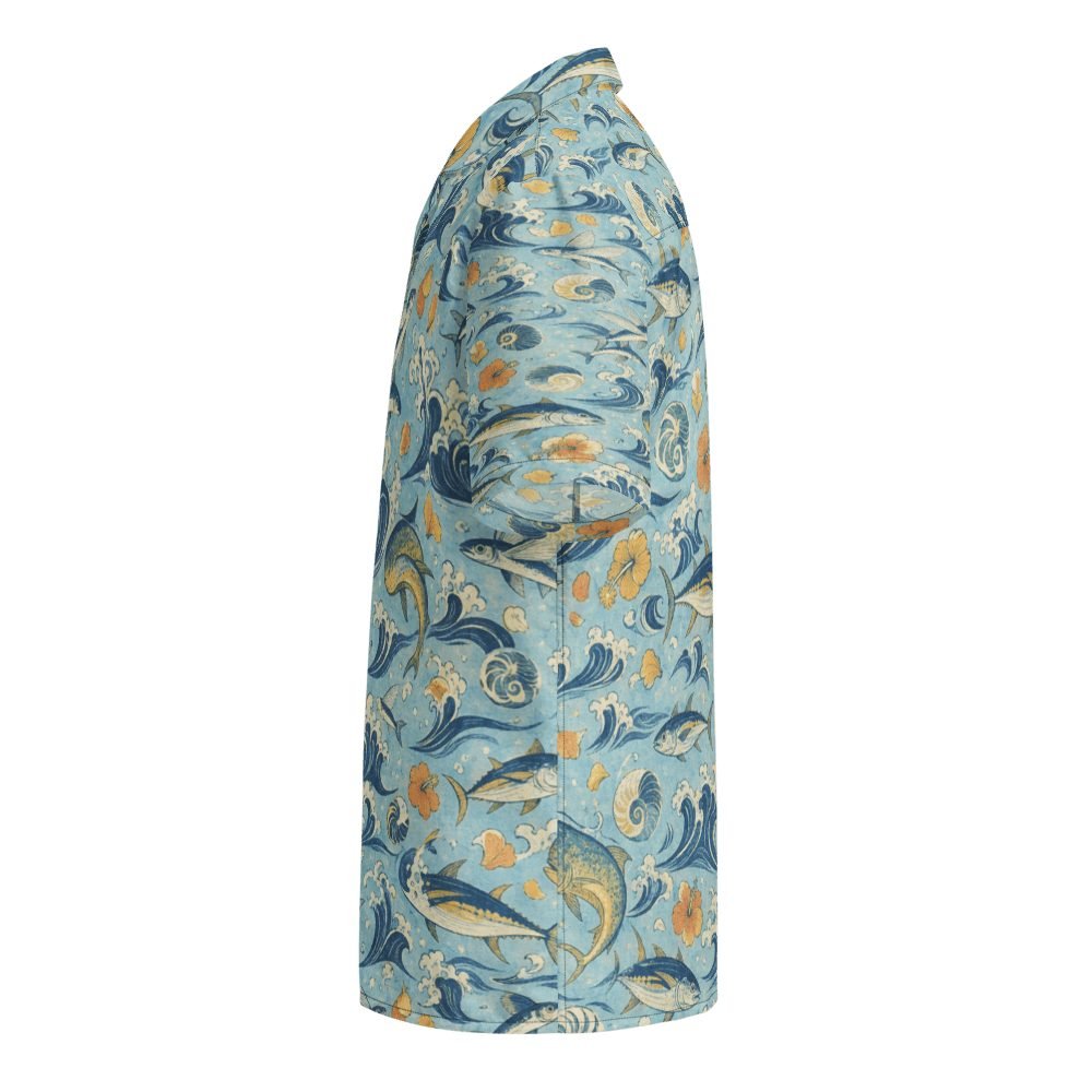 Yellowfin Tuna Mahi Mahi Japanese Woodblock Hawaiian Shirt — left sleeve view