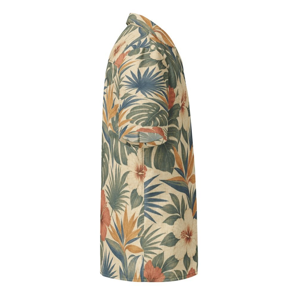 Vintage Tropical Hibiscus Monstera Hawaiian Shirt — right sleeve view