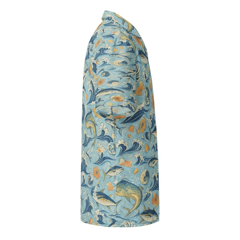 Yellowfin Tuna Mahi Mahi Japanese Woodblock Hawaiian Shirt — right sleeve view