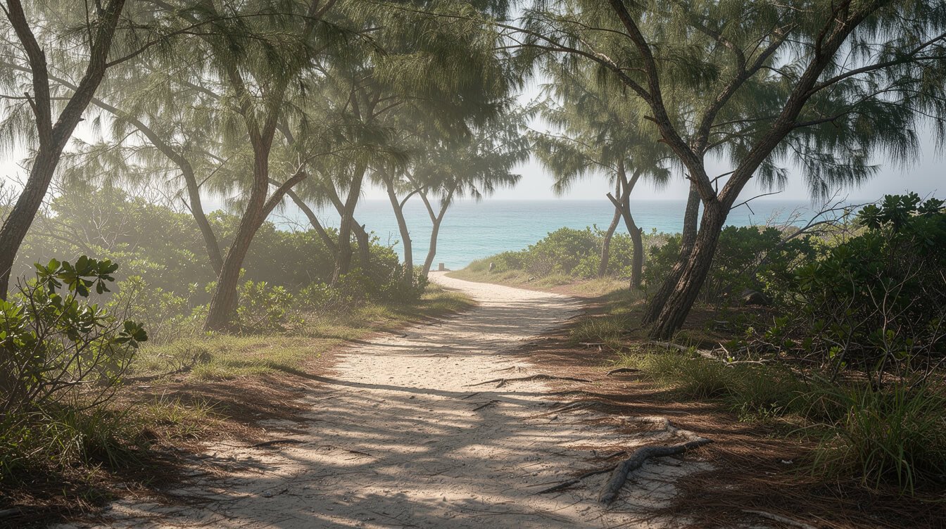 sandy footpath through ironwood trees toward the ocean on Oahu
