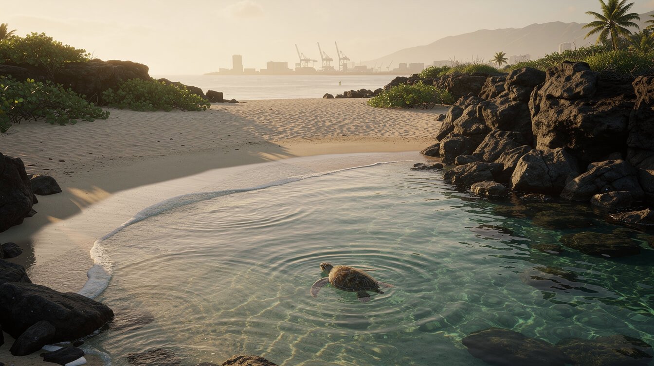 quiet leeward Oahu beach cove with a sea turtle near the shallows
