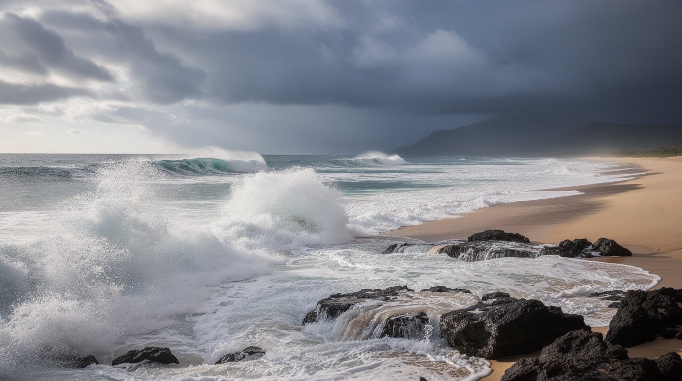 rugged uncrowded Oahu shoreline with real ocean swell breaking on rocks