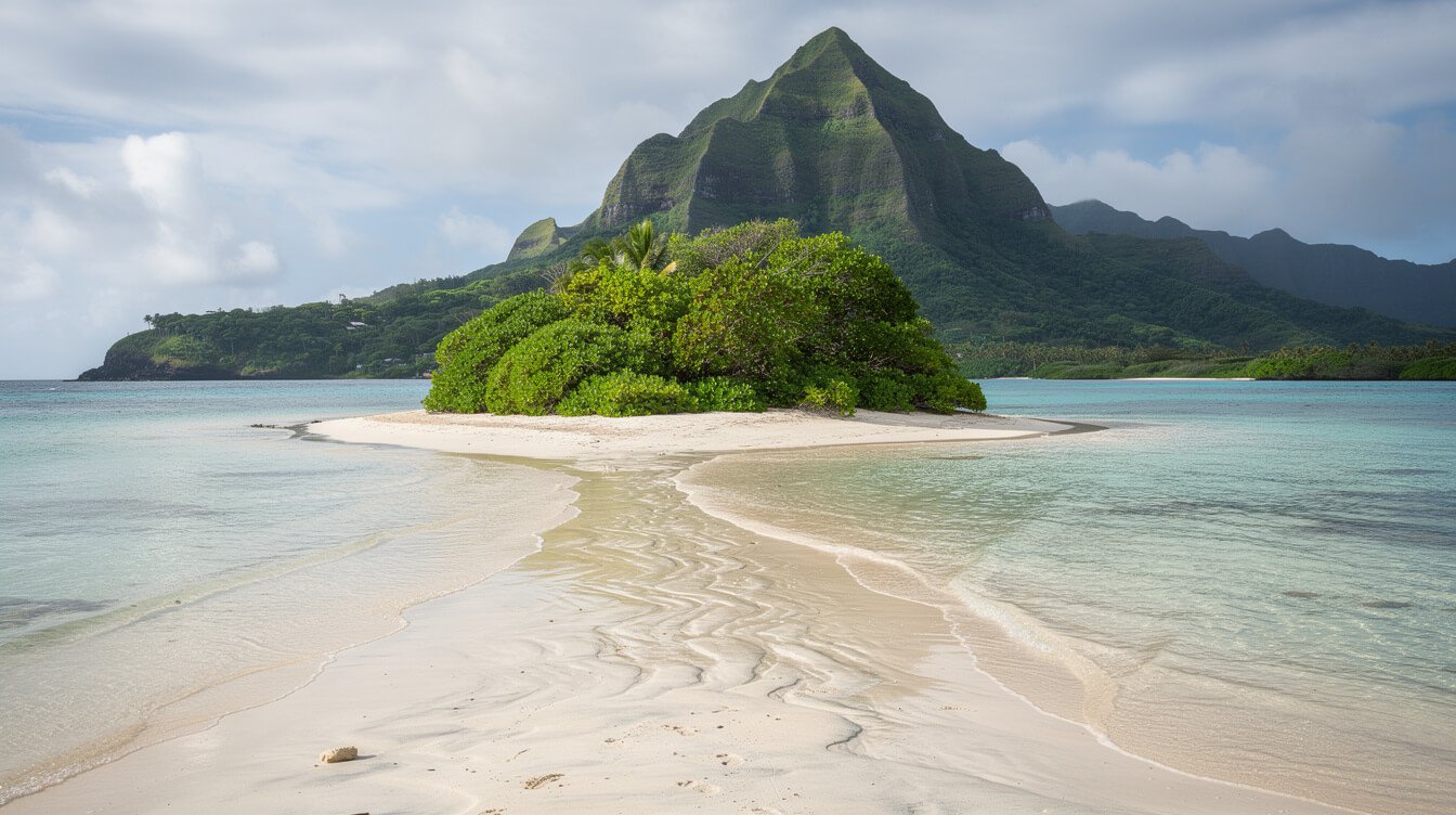 small sandbar leading to a lush green islet offshore on Oahu at low tide